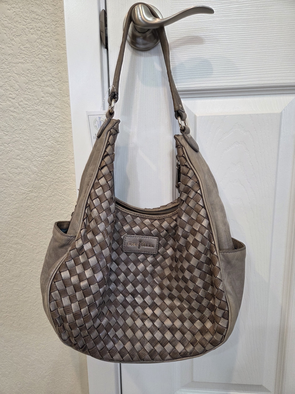 Cole Haan Taupe Woven Shoulder Hobo